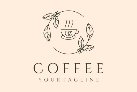 Coffee Cup and Leaf Line Art Logo Vector